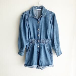 Zara Small Denim Romper Collared Long Sleeve Blue Jean Button Front High Rise